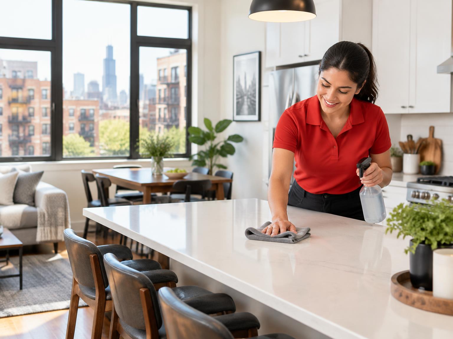 Dust Busters professional cleaning a bright Chicago apartment kitchen